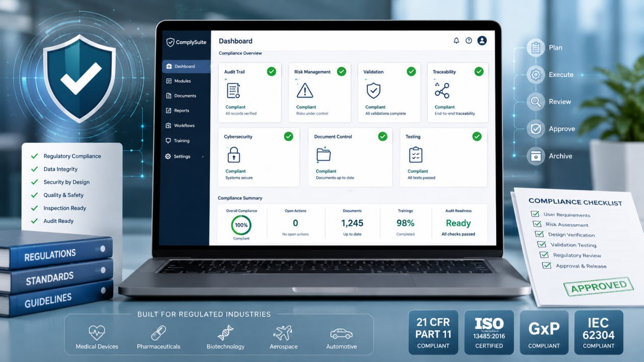 Compliance dashboard showing audit trail, risk management, validation, and cybersecurity status